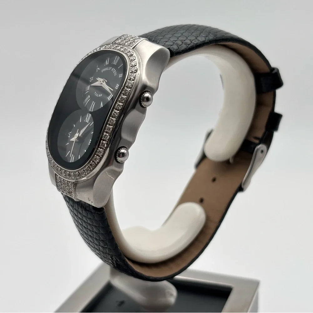 Philip Stein Teslar Dual Time Diamond Bezel Watch 45mm Lizard Strap - Picture 3 of 10
